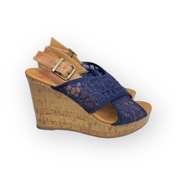 Jellypop  Peaches Lace Platform Slingback Wedge Heel Espadrille Sandal  Navy  - Picture 3 of 16
